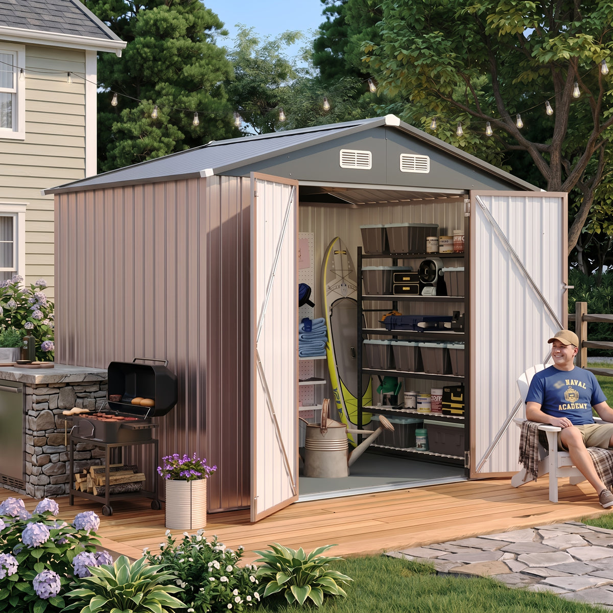 12x20/6x4ft Metal Storage Shed - Outdoor Garden Shed Kit, Lockable Tool Shed, Backyard Shed with Double Hinged Doors, Carport for Car, Truck, Bike And Lawn Mower & Equipment, Brown