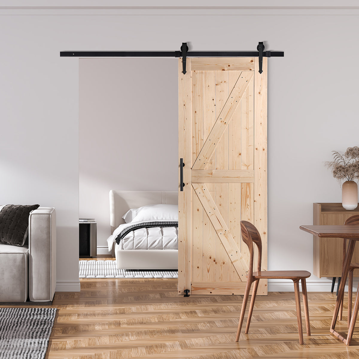 VEVOR Barn Door and Hardware Kit, 30/36" x 84" Wood Sliding Barn Door, Smoothly and Quietly, Barn Door Kit with 8-in-1 Floor Guide and Door Handle, Spruce Wood Panelled Slab, Easy to Install