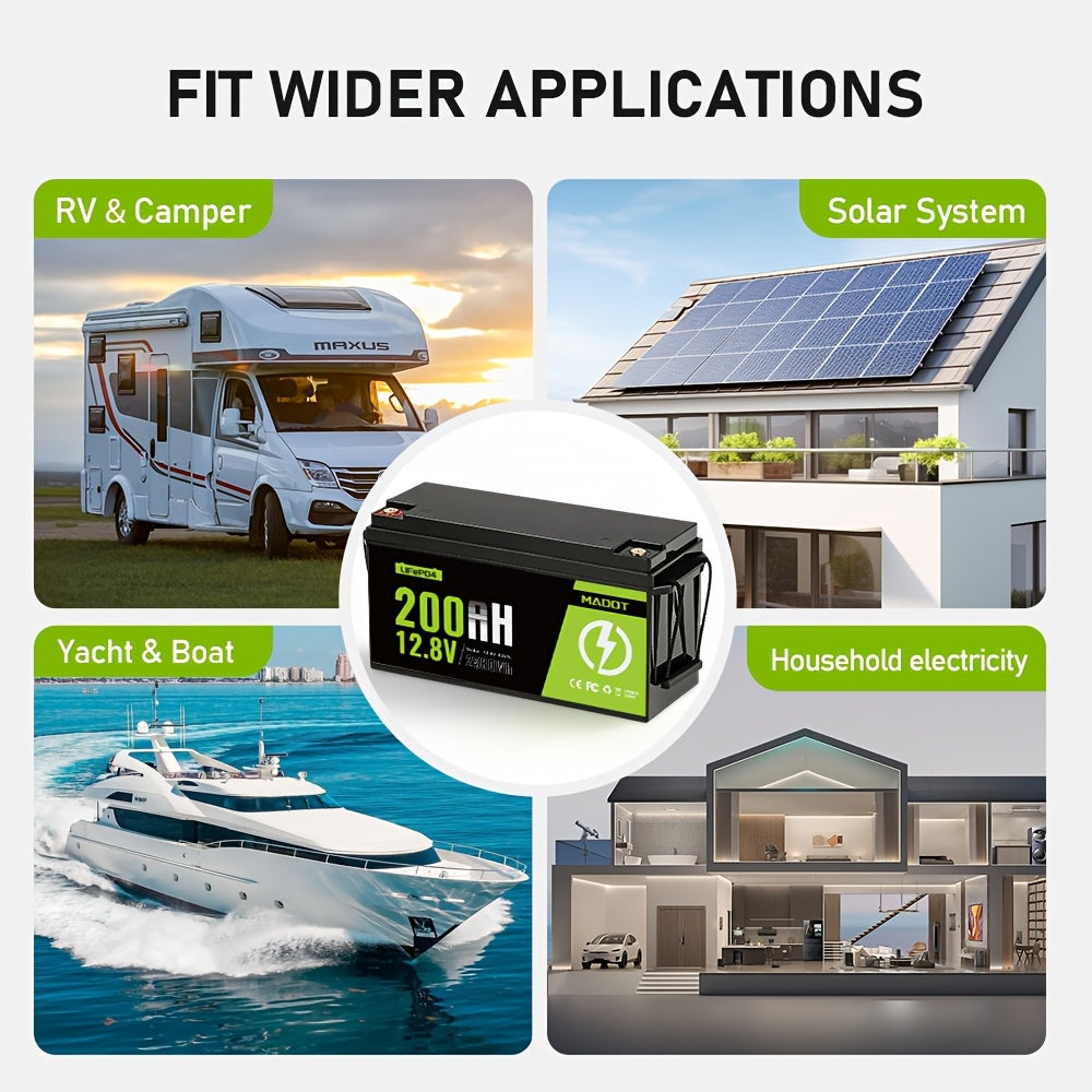 12V 200Ah LiFePO4 Battery, MADOT Built-in 200A BMS, 15000 Deep Cycles, 2560Wh, 10 Years Lifetime, Low Temp Protection Lithium Iron Phosphate Battery for Home Energy, RV, Trolling Motor, Marine, Off-Grid, Solar
