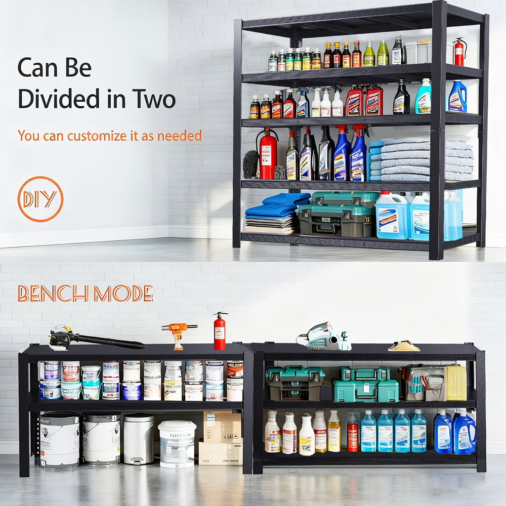 Garage Shelving Heavy Duty, 5-Tier Industrial Shelving Unit with Hooks, Adjustable Storage Shelves for Garage, Basement, Warehouse, Utility Shelves