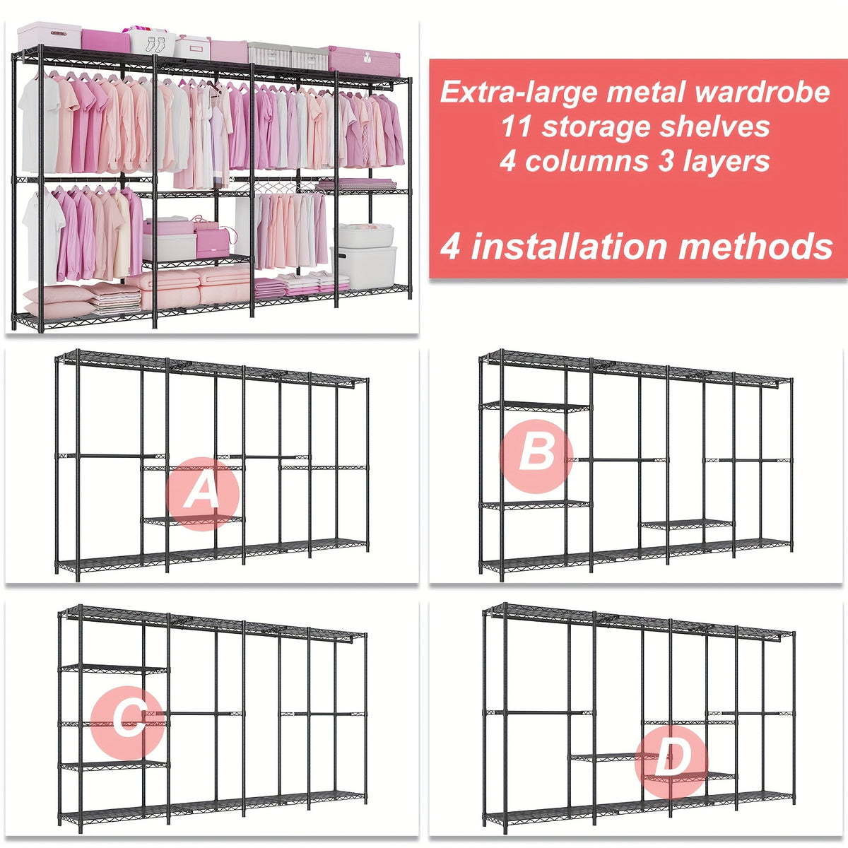 Extra Large Heavy Duty Clothes Rack, 2 Hanging Rods, 11 Dividers, 4 Installation Methods, 1100lb Load Capacity, Size 77"W x 17.7"D x 77"H, Free Standing Metal Wardrobe