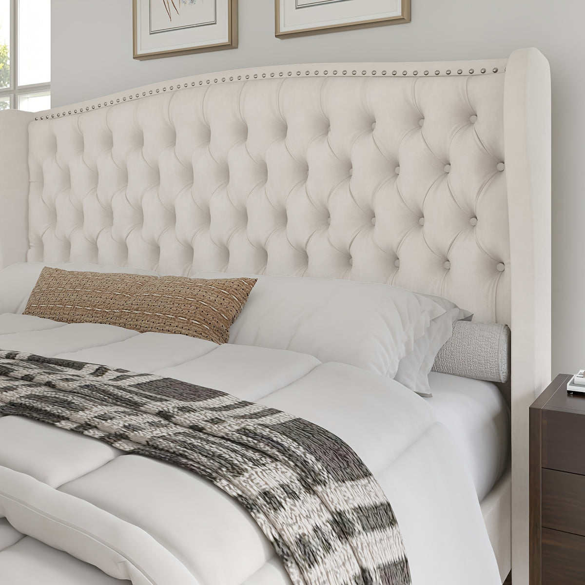 Handcrafted Velvet Bed Frame Featuring a Wingback Headboard, Adorned with Button Tufting And Nailhead Accents, Supported by Wooden Slats.