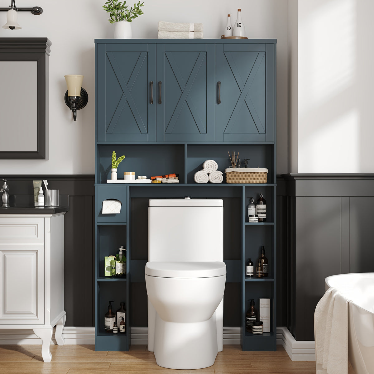 Over-The-Toilet Storage Cabinet with 3 Barn Doors - Farmhouse -Standing Bathroom Organizer, Space-Saving Suitable for Bathroom, Restroom, Laundry Room, Shelves, Toilet Paper Holder & Towel Rack, Assembly Required ( Color:)