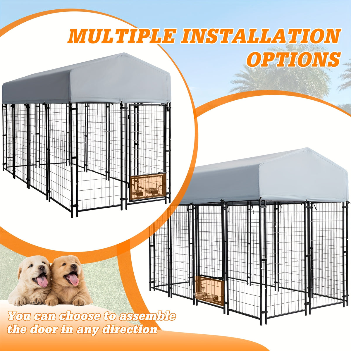 8x4x6ft Outdoor Dog Kennel with Roof Cover, Heavy Duty Dog House Outside with Lockable Door, Indoor Dog Playpen Outdoor Dog Cage Pen Pet Fence with 2 Rotating Feeding Bowls for Large Dogs
