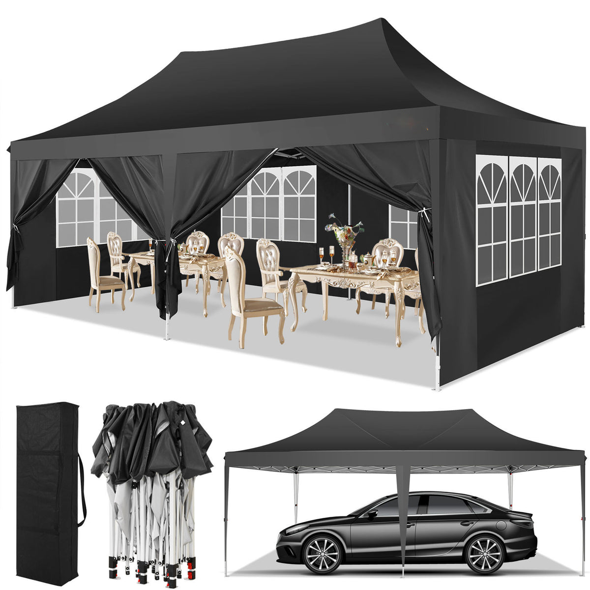10X20Ft Pop Up Canopy Tent, Canopy with 6 Side Walls, Wedding Party Tent, Outdoor Gazebo Awning, 3 Adjustable Heights with Carry Bag, Heavy Duty Event Booth Waterproof Tent for Backyard, Lawn, Camping Party, Holiday Party, Outdoor Celebration