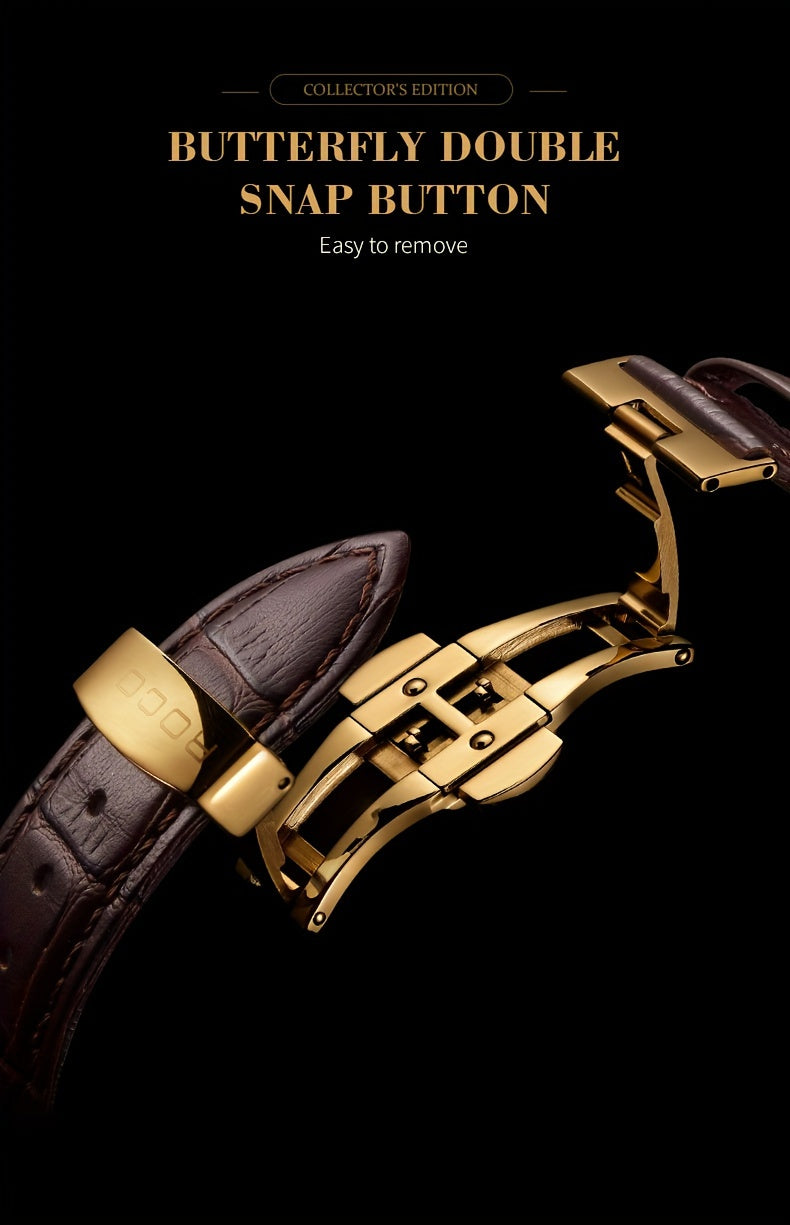ROCOS Men's Watches High-end Business Watch for Men Automatic Mechanical Watch Classic Big Three Hands Golden Case Calfskin Strap Double Push Butterfly Buckle Calendar Day Of The Week Gift for Boyfriend