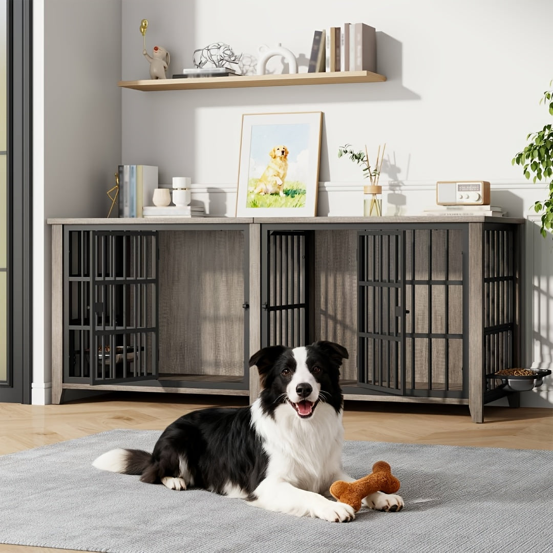 75/36/30in Furniture-Style Dog Crate with 360° Rotating Bowls, Adjustable Height, Safe Lock, Easy to Clean, Available In Gray/Brown, M, L, XL Sizes for One Or Two Dogs, Ideal for Home, Living Room Or Bedroom