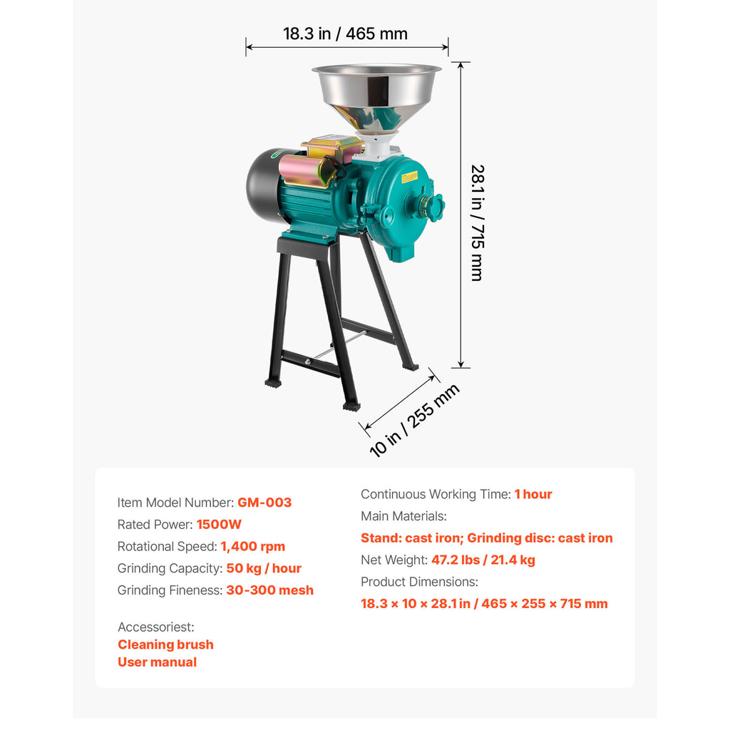 Electric Grain Mill Grinder, 1500W Commercial Spice Pulverizer for Dry Grains, Coffee, Cereals and Pepper