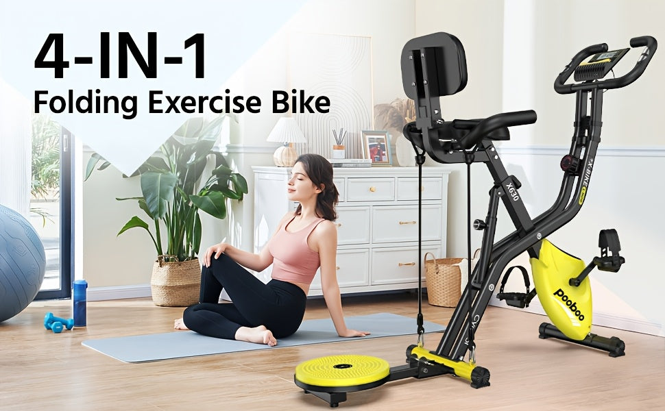 HASIMAN Foldable Indoor Exercise Bike for Home Gym Workout with Twister Disk And Arm Resistance Bands, Adjustable Resistance Fullybody Fitness Exercise Cycling
