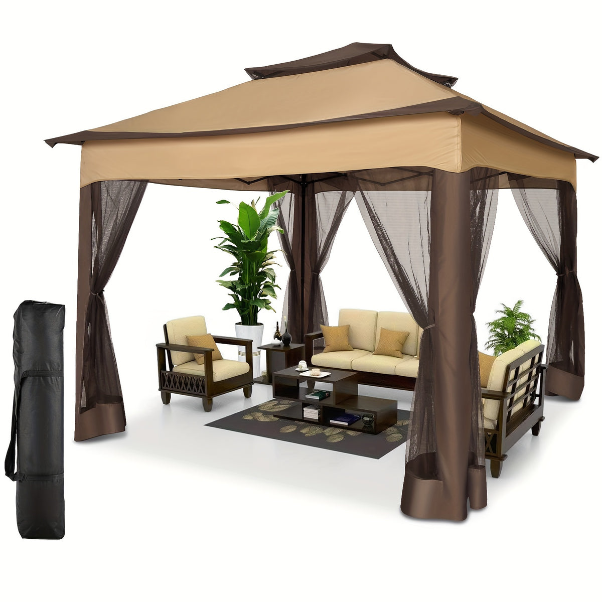 Tooluck 10X10Ft Outdoor Gazebo with Mosquito Netting And Double Roof, Easy Set Water-Resistant Metal Gazebo with Alloy Frame, for Gardens, Lawns & Backyard