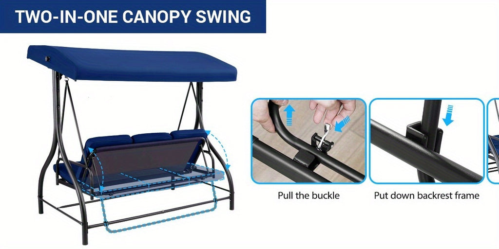3 Person Patio Porch Swing Outdoor Converting Swing Glider Hammock with Adjustable Canopy, Cushions for Outside Backyard, Garden(Pillow Not Included)