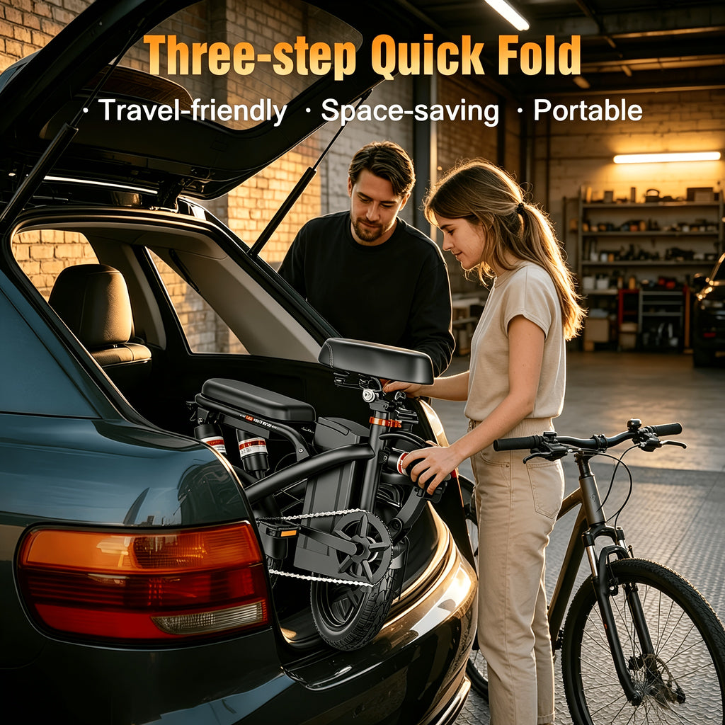500W Adult Folding Electric Bicycle - 20 MPH, 25-Mile Range, 48V 15Ah High-Capacity Removable Battery, 14-Inch All-Terrain Tires, Dual-Seat Design, Three Riding Modes (Electric, Pedal-Assist, And Pedal), Multi-Functional LCD Display.