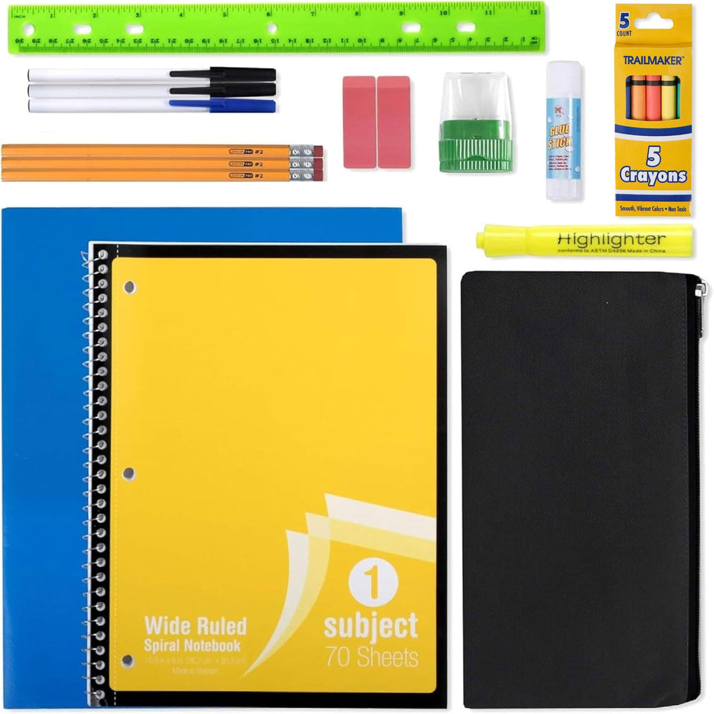 24 Pack of 20 Piece Stationary Kits Containing 1 Spiral Notebook, 1 Colored Folder, 3 Ballpoint Pens, 3 Pencils, 5 Crayons, 2 Erasers, 1 Pencil Case, 1 Sharpener & More!