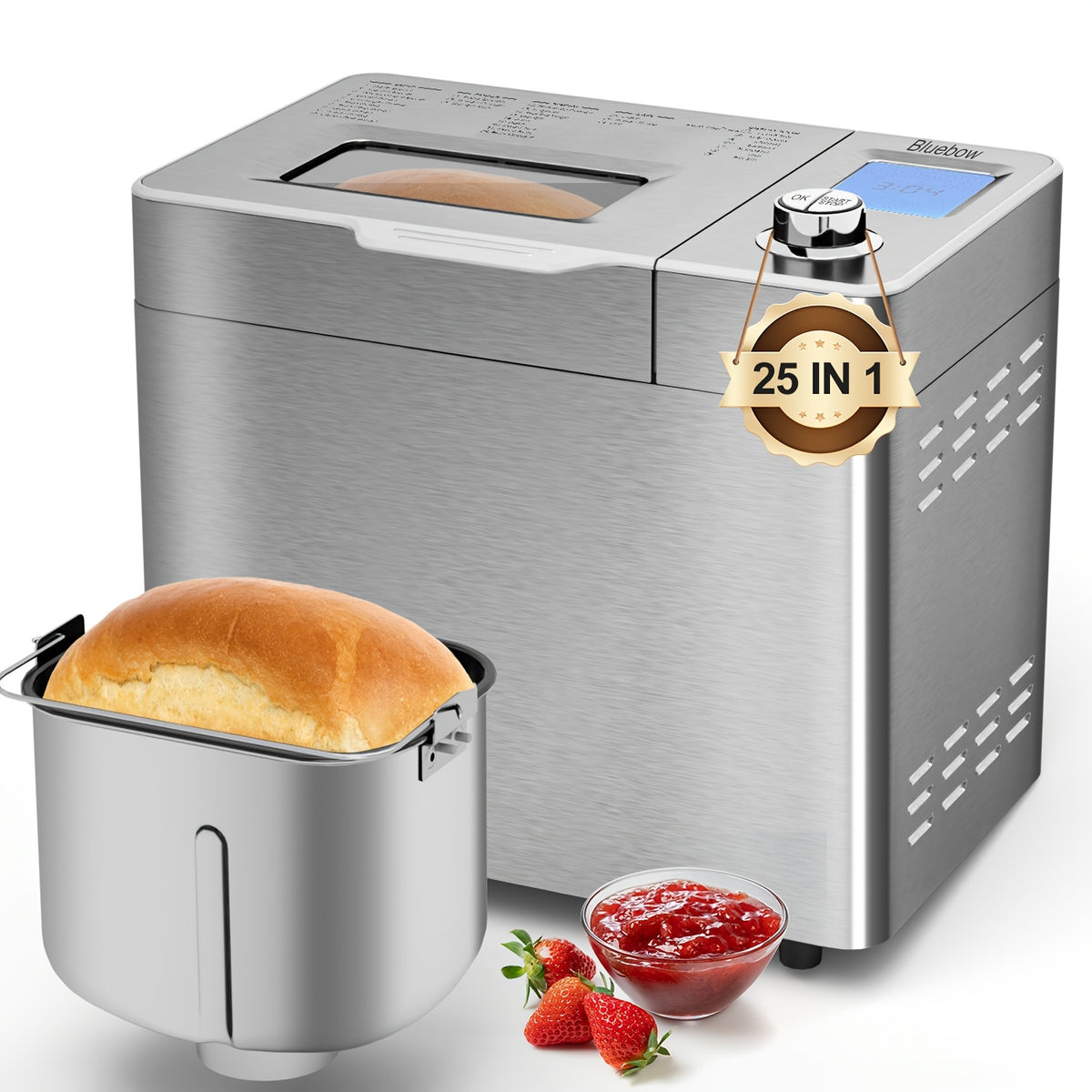 25-in-1 Bread Maker, 2LB Bread Machine With Auto Fruit/Nut Dispenser, Gluten-Free Setting, 3 Loaf Sizes& 3 Crust Colors, Keep Warm&13H Delay Timer, Digital Display, Stainless Steel
