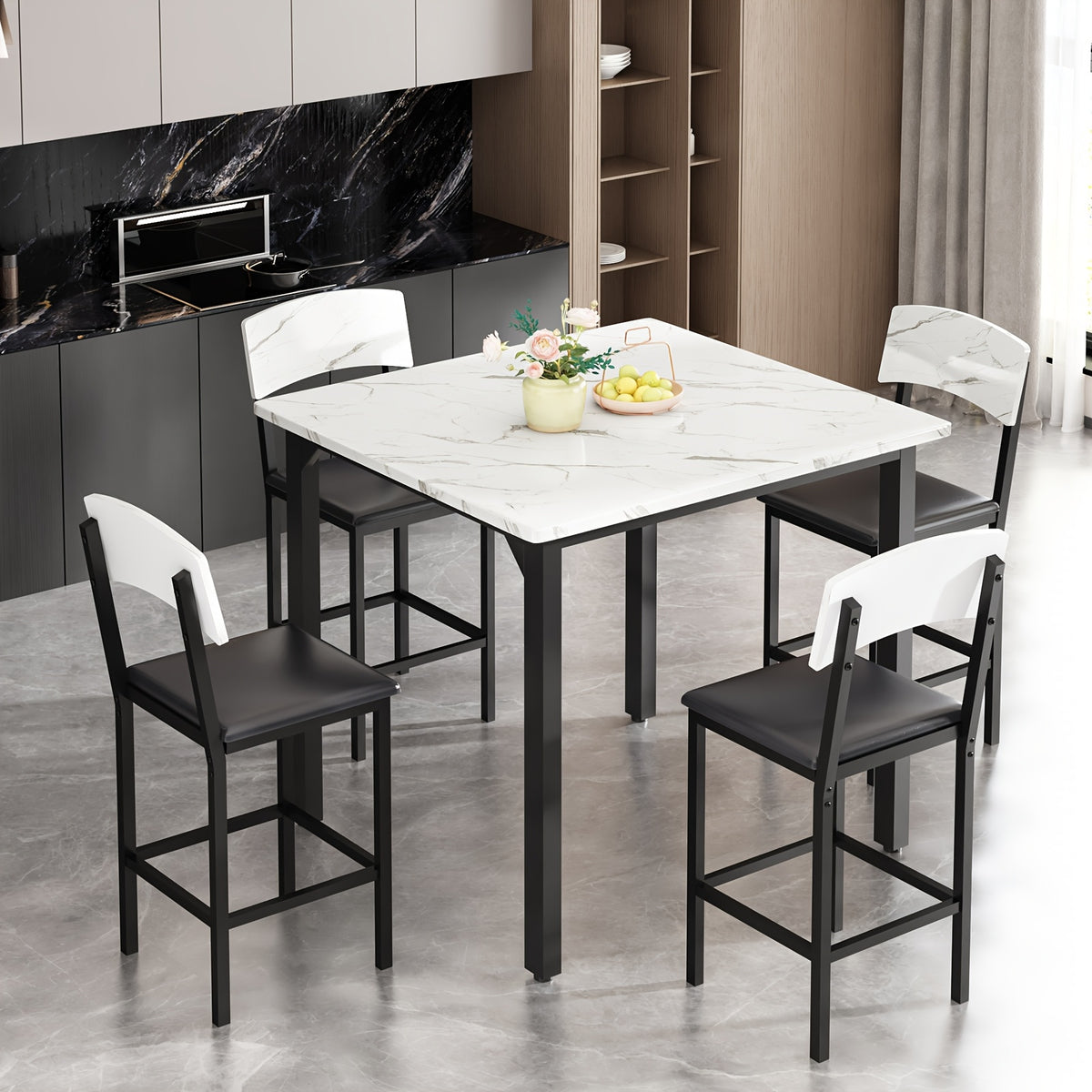 5pcs Dining Table and Chair Set, Modern Contemporary Kitchen Furniture with Upholstered Chairs, Rectangle Mixed Color Counter Height Table and 4 Bar Stools, Compact for Small Space, Imitation Marble Texture, Suitable for Living Room and Bar