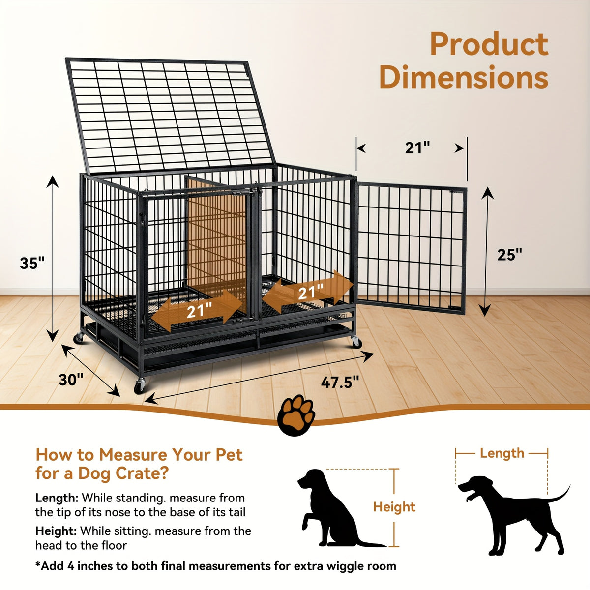 TOWALKER 48 Inch Heavy Duty Dog Crate, Indestructible Metal Wire Dog Crate, Folding Design Dog Kennel, Stackable Feature Dog Cage, XXL for Large Dogs, Sturdy Locks Design/Double Door with Wheels/Removable Tray