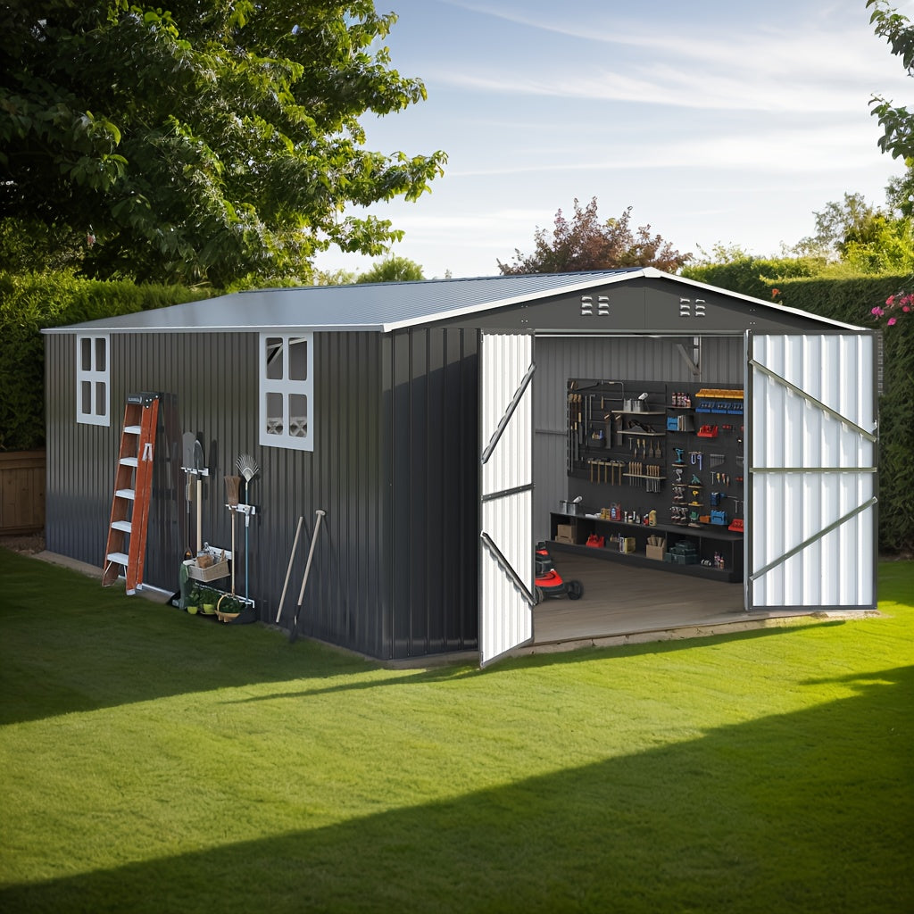 [Extra-Large Metal Shed] 5X3/12X16/12X18 FT Outdoor Storage Shed, Extra-Large Metal Shed With Hinged Door And Windows, Heavy-Duty Metal Tool Shed For Backyard, Garden, Patio, Or Lawn, Black