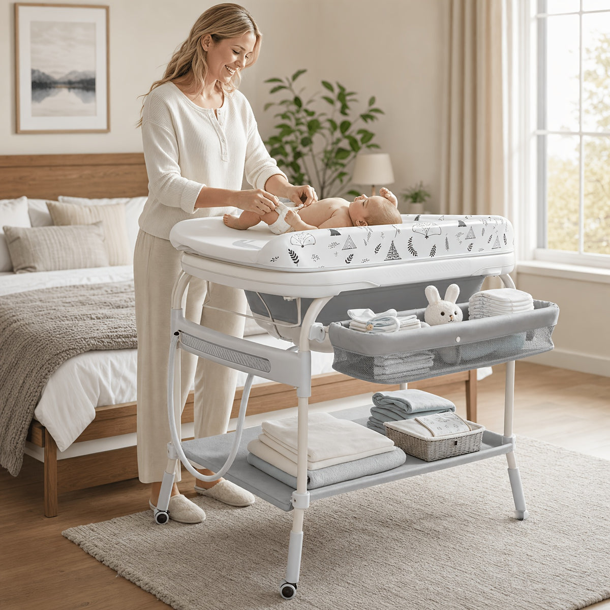 Adjustable 2-In-1 Bathtub with Changing Table, Waterproof Diaper Changing Station Portable Changing Table Adjustable Height Organizer with Storage Racks for Home Furniture