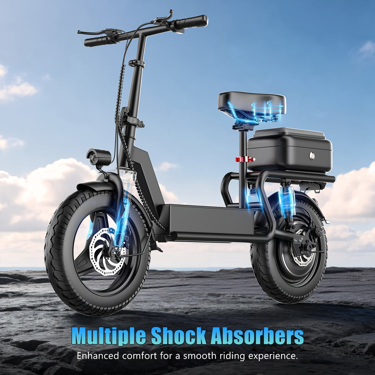 [Long Range Scooter] Commuter Electric Scooter With Seat, 54.6V 16.5Ah Electric Scooter With Detachable Box, Shopping Cart And Grocery Cart And Multi-Purpose Cargo Scooter, Large Capacity Battery For 25-35 Miles Long Range, New Smart Throttle With 3 Speed