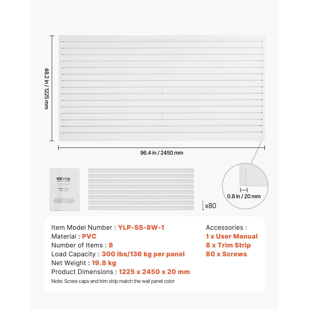 VEVOR 2 x 4 ft / 4 x 4 ft / 8 x 4 ft Slat Wall Paneling PVC White Garage Slatwall with Modular Design White/Grey/Black