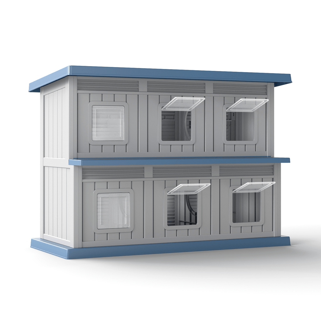 Double-Layer Stray Cat House - 2-Story Outdoor/ Cat Shelter with Large Cozy Space, Multiple Small Windows for Ventilation, Easy Assembly Solid Structure, Gray-Black for stray & feral cats (No Required)