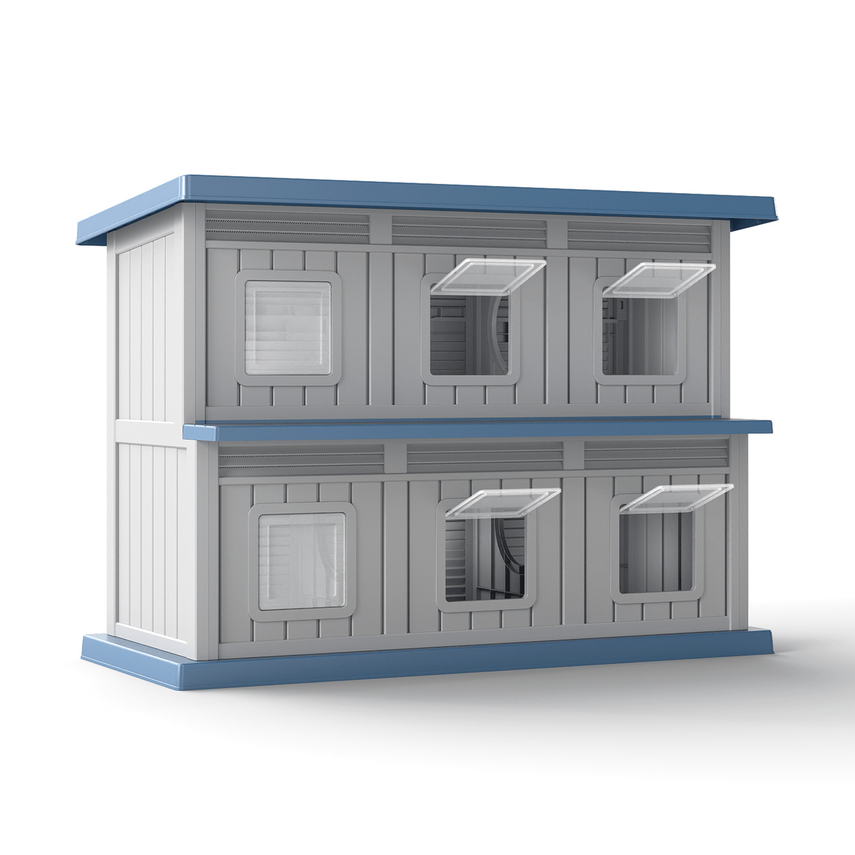 Double-Layer Stray Cat House - 2-Story Outdoor/ Cat Shelter with Large Cozy Space, Multiple Small Windows for Ventilation, Easy Assembly Solid Structure, Gray-Black for stray & feral cats (No Required)