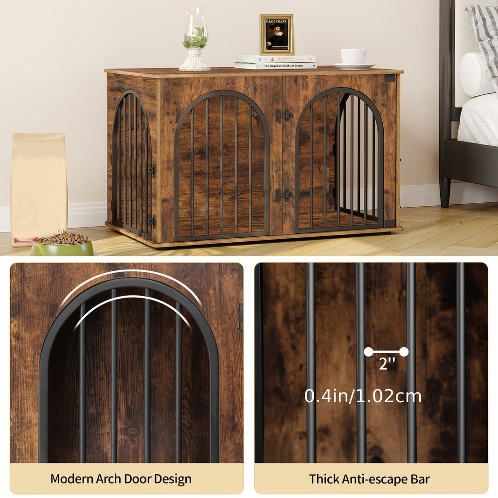 39.4'' Dog Crate Furniture - Dog Kennel Indoor Arched Door Design, Wooden Dog Crate Furniture For Small/Medium/Large Dog, Side Table, TV Stand, Anti-Chew, Anti-Escape - Rustic Brown, Black Gold, Greige Black, White Brown - For Dog Owners - Provides Safe &