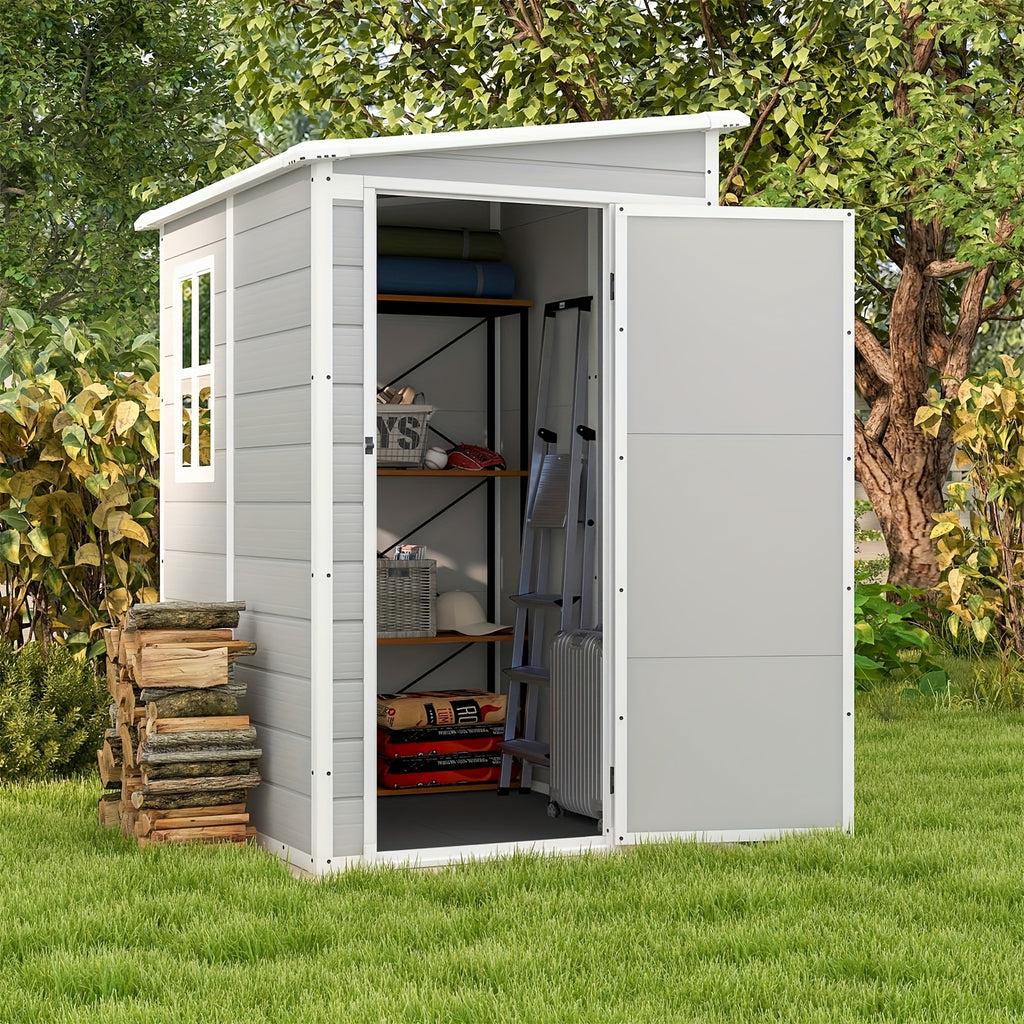 GUNJI 6X4 FT And 5X4 FT Plastic Outdoor Storage Shed with Floor, Resin Outside Tool Shed with a Window And Lockable Door for Garden, Backyard, Tool Storage Use, Easy to Install, Light Gray (Fit-It Shed)