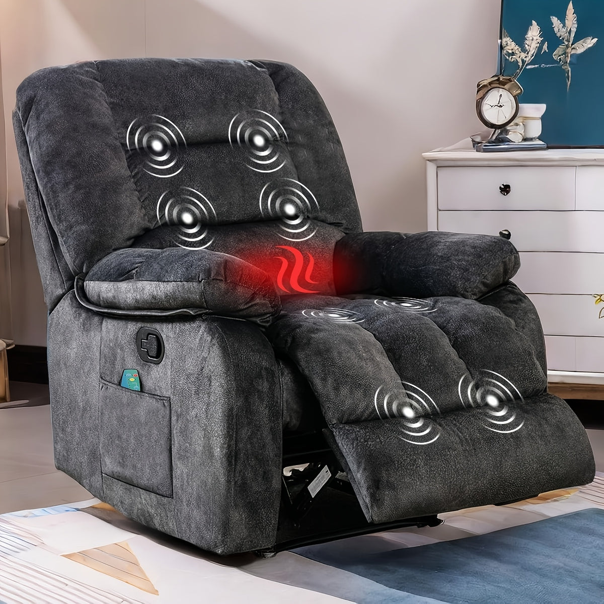Large Manual Recliner with Massage And Heating Functions, Sofa with Side Pockets, Suitable for Living Room And Bedroom