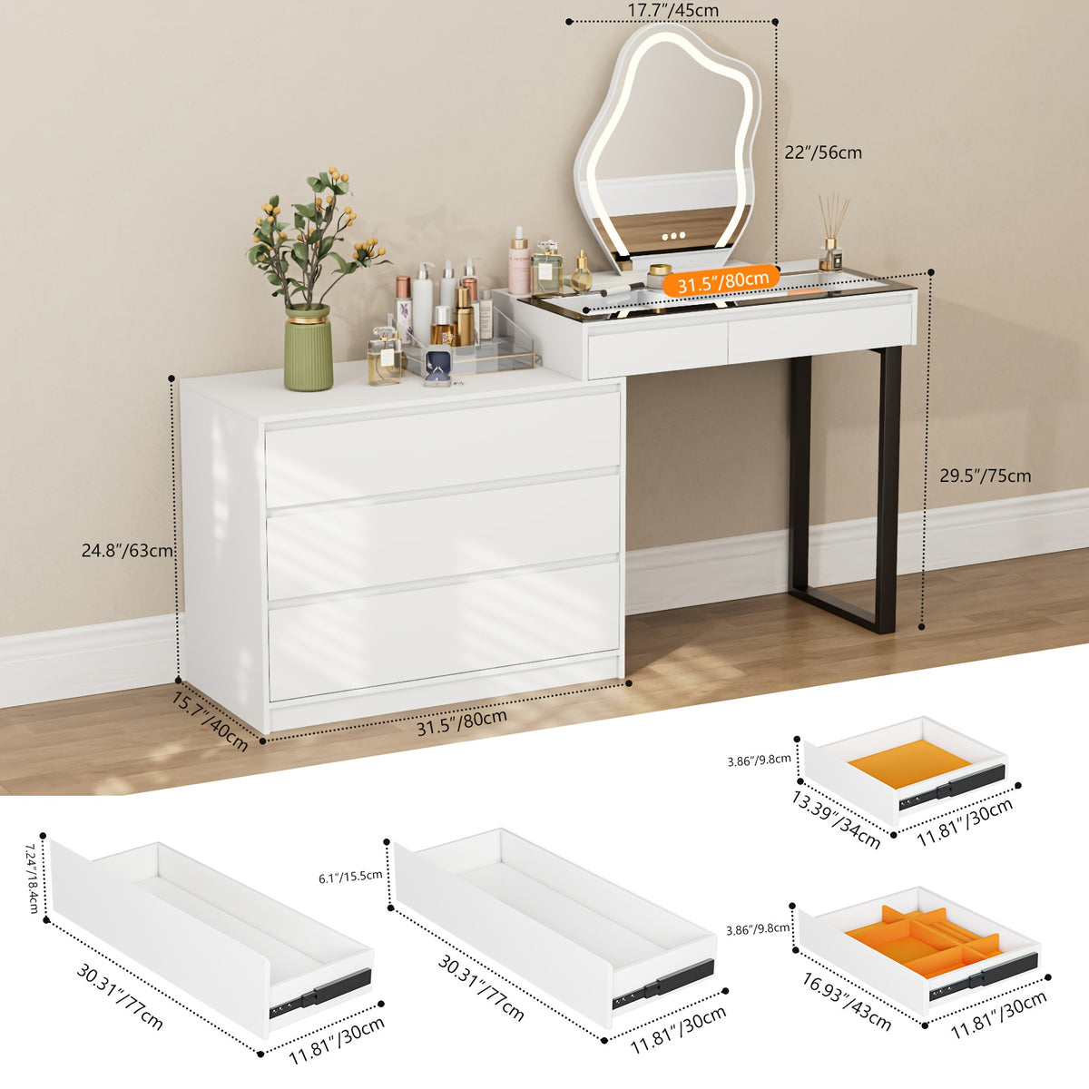 Corner Vanity Desk with Mirror And Lights, Makeup Table with Drawers And Jewelry Cabinet, 3-Color LED Lights And 5-Drawer Large Vanity with Storage, Bedroom, Dressing Table