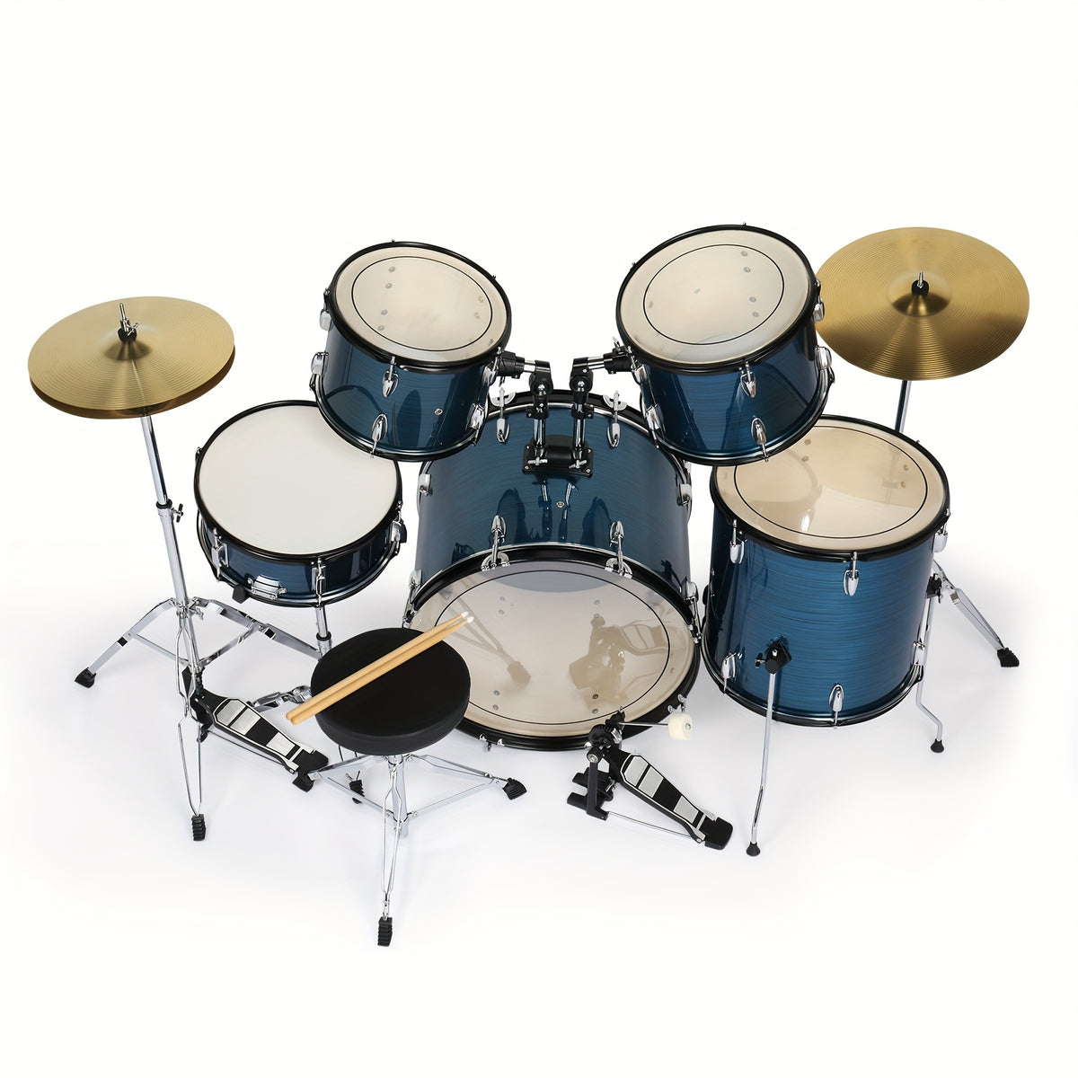 Full Size Adult Drum Set 5pcs Black with Bass Drum, Two Tom Drum, Snare Drum, Floor Tom, 16" Ride Cymbal, 14" Hi-hat