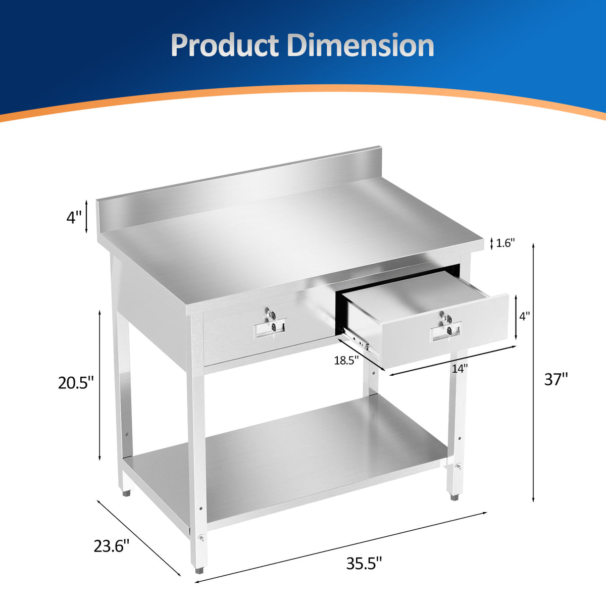 MEFEIR 42"x26" Heavy Duty Stainless Steel Commercial Prep Table with 2 Drawers & Undershelf - for Kitchen, Restaurant, Home, Garage