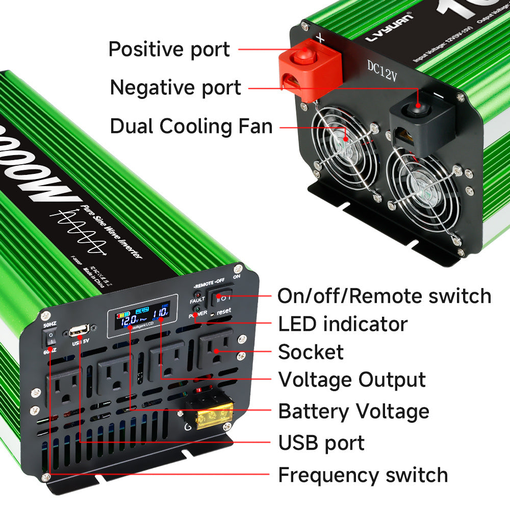 Pure Sine Wave Inverter 10000 Watt (Peak) Vehicle Power Inverter, Converts 12 Vdc to 110 Vdc to 120 Vdc, with LCD Display, Remote Control and Troubleshooting, 4 US Sockets for Car Onboard Chargers, for Home Solar Systems, RV's, and Vans, without Batteries
