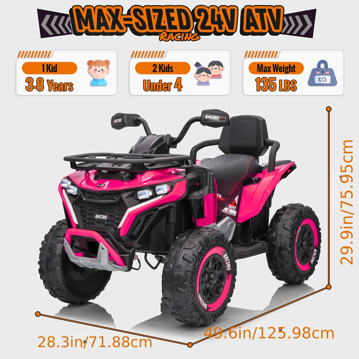 24V Electric Kids ATV Quad, 4WD Off-Road Vehicle, 2-Seater with Leather Seats And Knee Pads, Ride-On for Boys And Girls (/Red//Black) - Ideal Birthday/Christmas/Halloween Gift, 3 Speeds, Remote Control Design