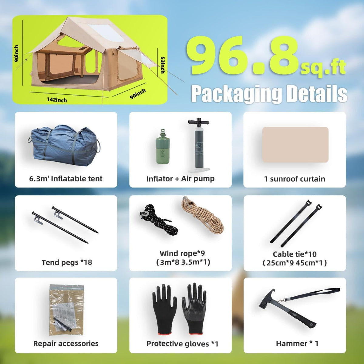 Inflatable Camping Tent, with Electric Air Pump, 4 Season Windproof, Clear Skylight & 420D Oxford, Air Tent with Mesh Windows/Doors