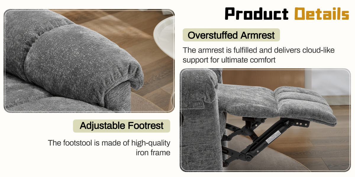 Living Room Single Chair, 360° Swivel Rocking Chair, Manual Rocking Chair for Small Spaces, Rocking Chair with Side Pockets And Armrest Storage, Deep Seat Cushion And Plush Backrest, Chenille Fabric, a Recliner Suitable for The Living Room