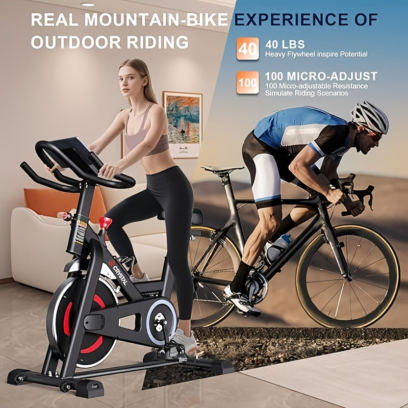 CRYSTAL FIT Indoor Exercise Bike, Cycling Bike Plus Magnetic Resistance/Brake Pad Stationary Bike with Tablet Holder LCD Monitor 300lbs Weight Capacity &Upgraded Comfortable Seat Cushion
