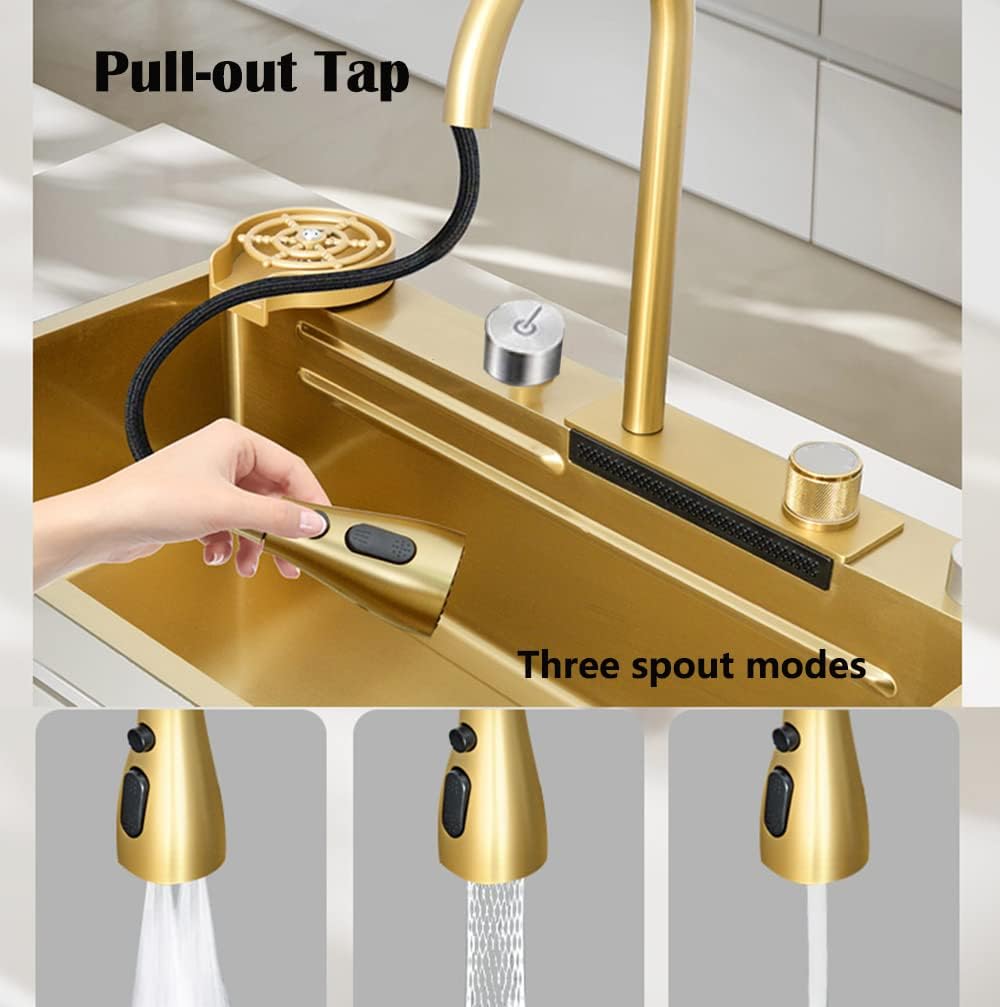 33x22 INCH Gold Flying Rain Drop In Stainless Steel Watefall Kitchen Sink Single Bowl with Pull Down Faucet Set