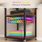 Foldable Heat Press Table, 3 Tier Movable Heat Press Stand With Vinyl Roll Holder, Heavy Duty Metal Shelf Cart For DIY Sublimation Transfer Machine And Printer, Brown