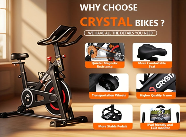 CRYSTAL FIT Indoor Exercise Bike, Cycling Bike Plus Magnetic Resistance/Brake Pad Stationary Bike with Tablet Holder LCD Monitor 300lbs Weight Capacity &Upgraded Comfortable Seat Cushion