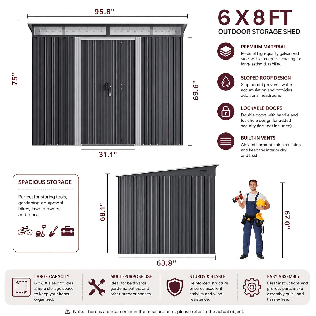 Metal Storage Shed with Lockable Sliding Doors and Transparent Windows for Outdoor Tools and Bikes, 6x4 FT or 8x6 FT