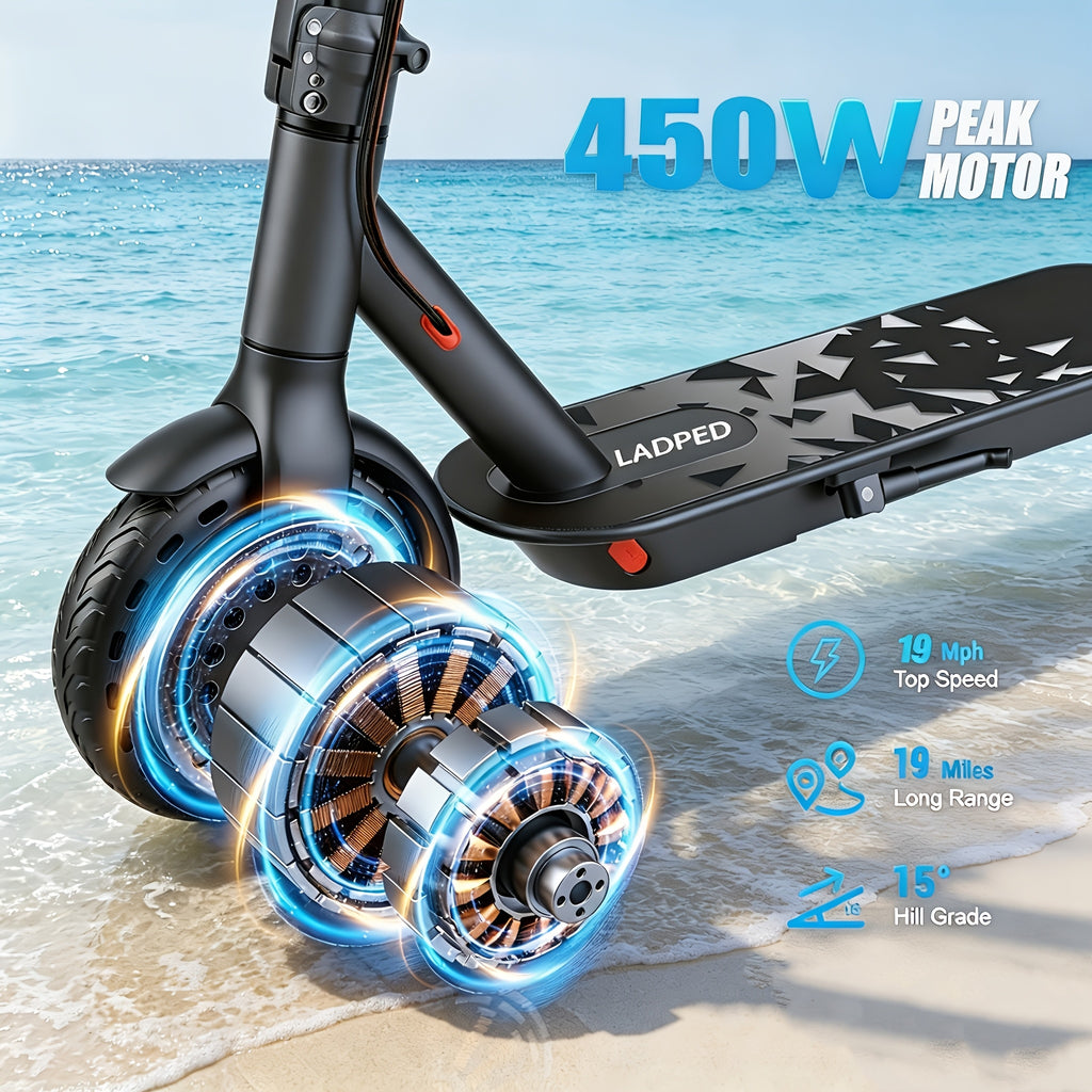 LADPED Commuter Foldable Electric Scooter for Adults, Smart App, 450W/500W Motor, 36V-48V Battery, with 8.5-14inches Tyres, 15-20MPH Speed, LCD Dashboard, LED Headlight Taillight, Integrated Bell, Duty Aluminum Alloy Frame, 265 LBS Weight Limit