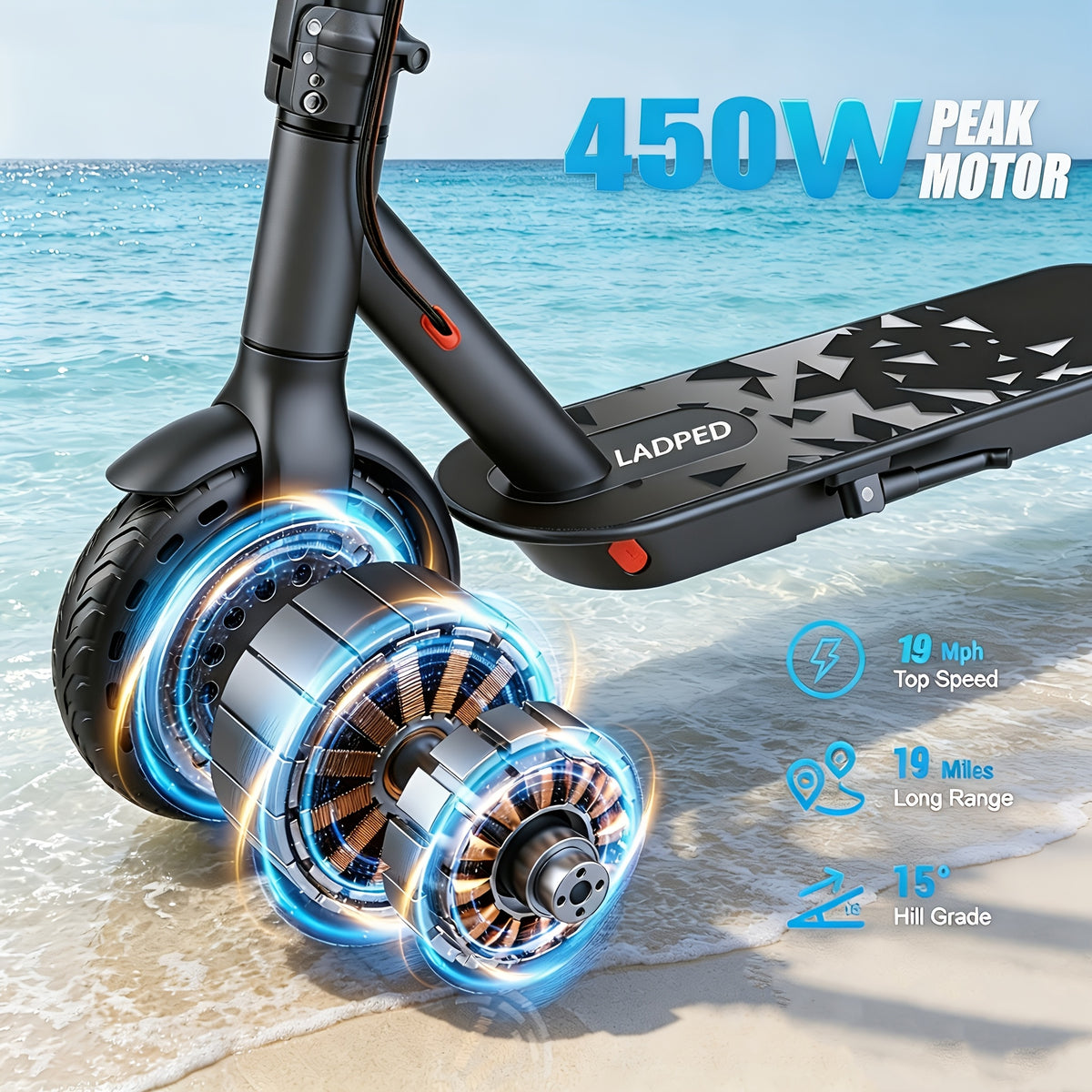 LADPED Commuter Foldable Electric Scooter for Adults, Smart App, 450W/500W Motor, 36V-48V Battery, with 8.5-14inches Tyres, 15-20MPH Speed, LCD Dashboard, LED Headlight Taillight, Integrated Bell, Duty Aluminum Alloy Frame, 265 LBS Weight Limit