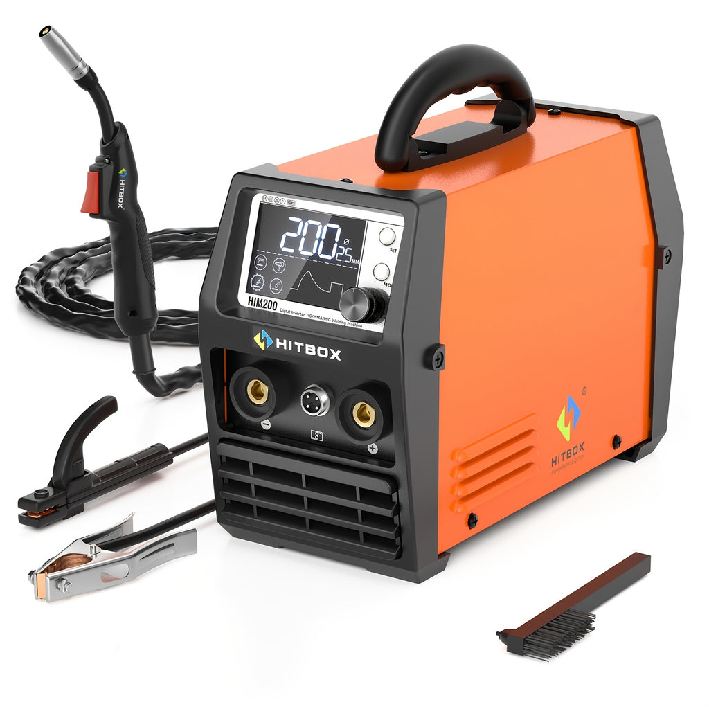 [Ideal For Home & Auto] Hitbox 200A 4-In-1 Gasless Mig/Stick/Lift Tig/Spool Gun Welder, 110V Welding Machine With LCD Screen & Synergic IGBT Inverter, Auto Wire Feed, Ideal For Home & Auto Repair And Welding