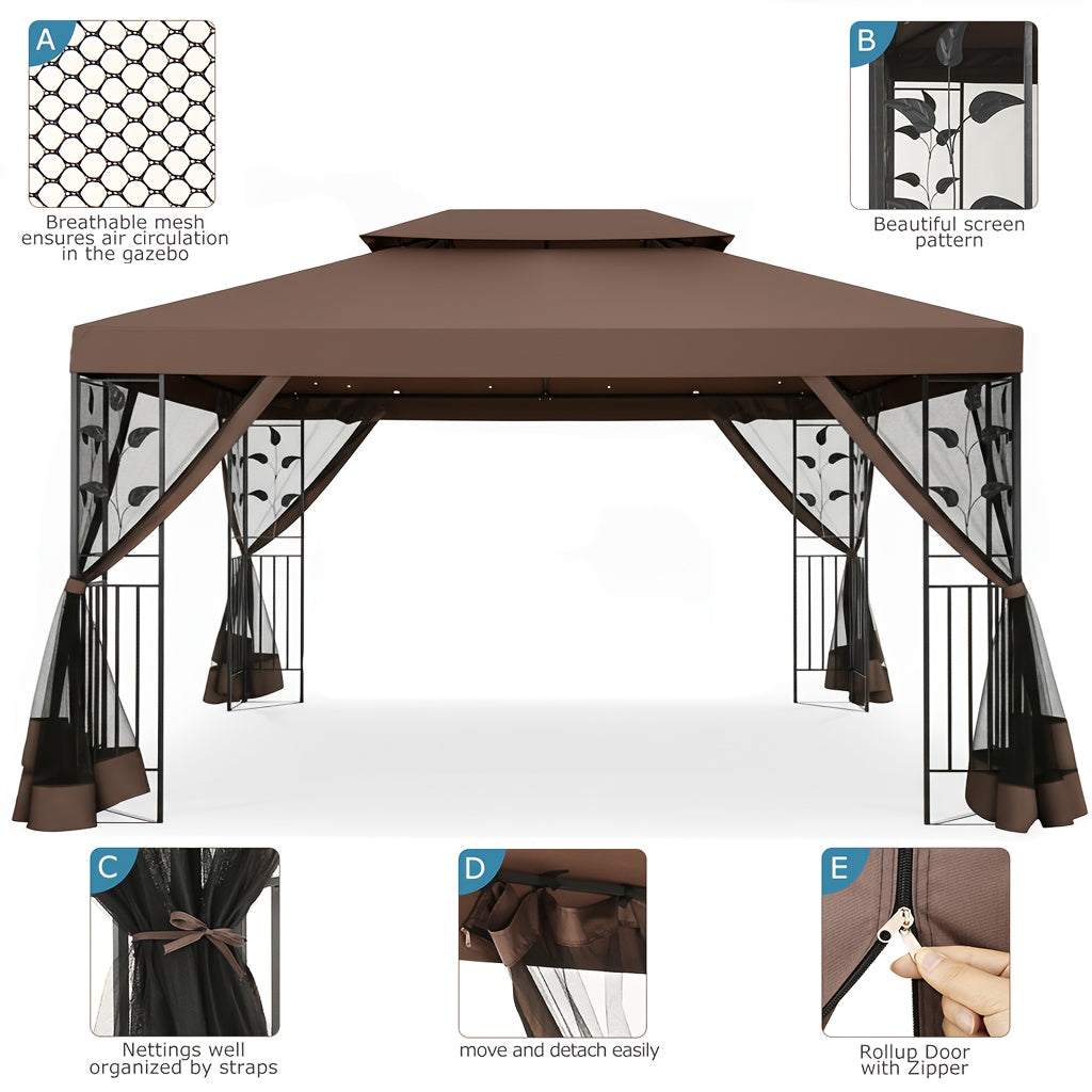 10×13ft Wedding Party Canopy, Outdoor Folding Gazebo, With 4 Detachable Mosquito Net Walls, With Ground Stakes, Easy Set Up, Sun Protection, Double Roof Design, Suitable For Garden, Courtyard, Outdoor, Villa, Terrace, Deck, Birthday Gift, Game Tent