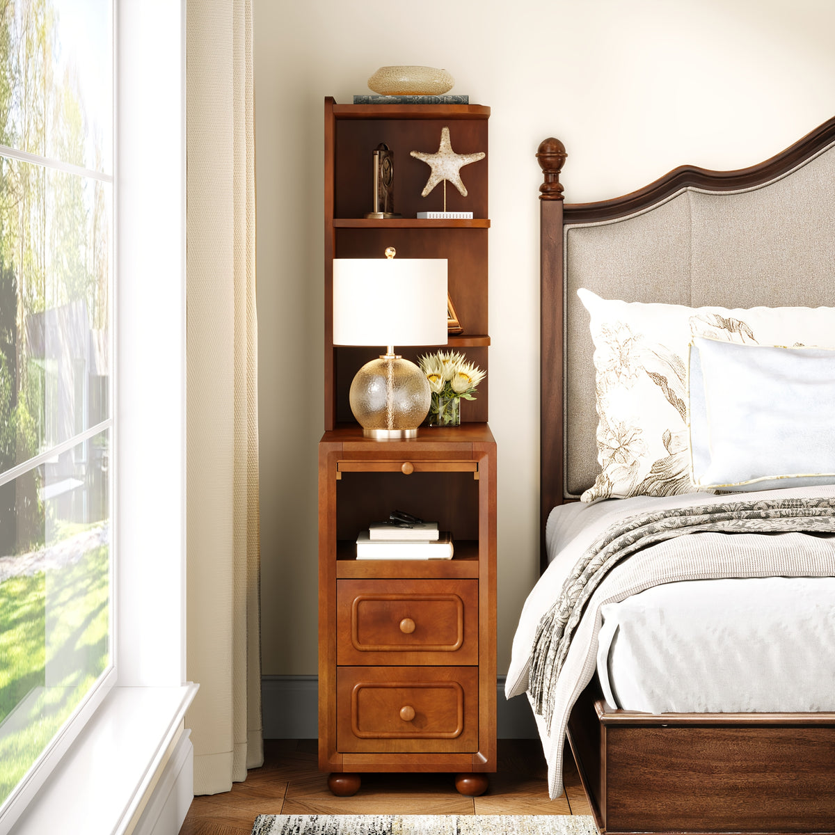 A Sleek Nightstand Made of Solid Wood in a Mid-Century Modern Style, Featuring a Robust And Durable Build, Designed to Save Space in Your Bedroom Or Living Room (1pc)