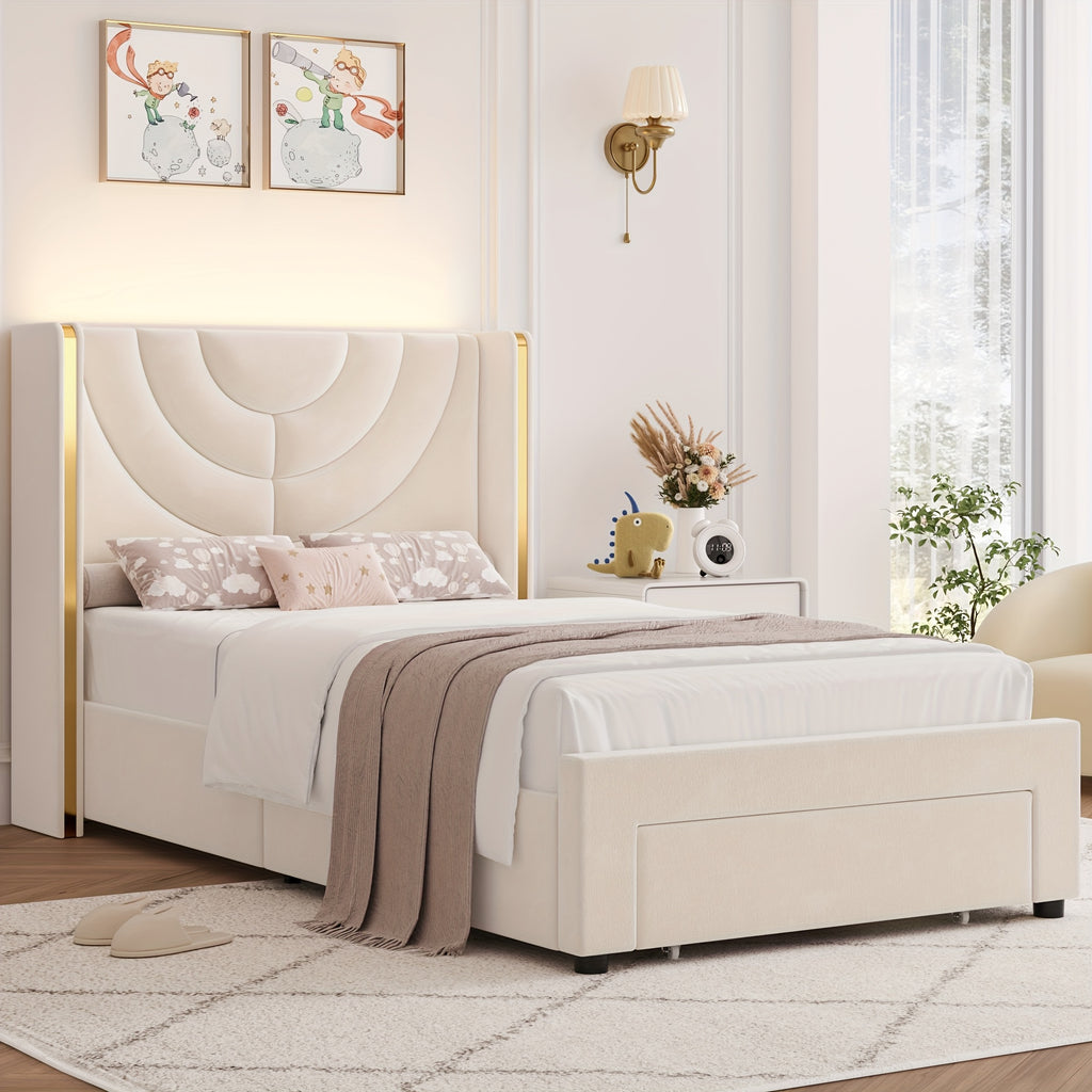 FULTRU Full/Queen/King Upholstered LED Bed Frame with 2 Storage Drawers, Velvet Platform Bed with Wingback Headboard, Solid Wooden Slats Support, No Box Spring Needed, Headboard Splicing Design, Halloween Home Decoration, Christmas Gifts