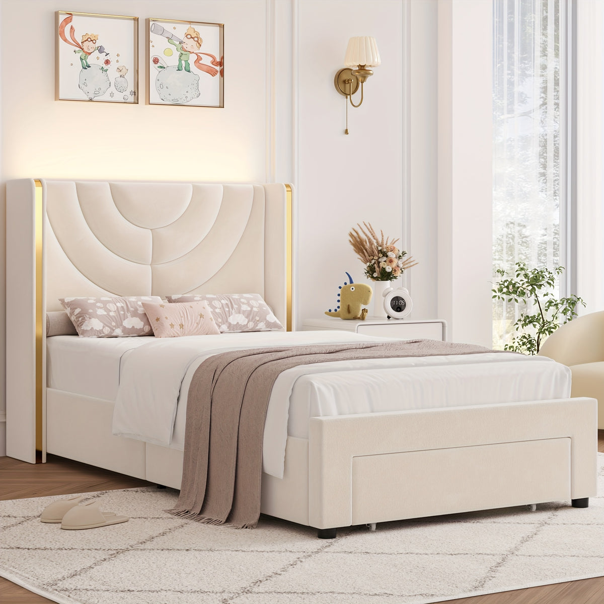FULTRU Full/Queen/King Upholstered LED Bed Frame with 2 Storage Drawers, Velvet Platform Bed with Wingback Headboard, Solid Wooden Slats Support, No Box Spring Needed, Headboard Splicing Design, Halloween Home Decoration, Christmas Gifts