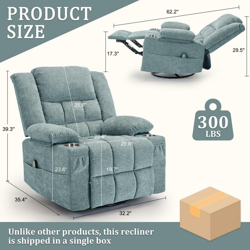 Personal Care Home Massage Chair, 360° Rotation Of Massage Heating Function Comfortable Recliner Chair, Manual Adjustable Angle Leisure Rocking Chair, Massage Sofa Chair with Side Pockets And Front Pockets, with Built-in Cup Holders And Thickened