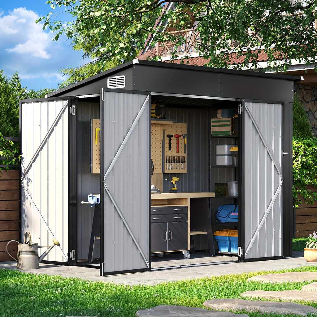 Outdoor Storage Shed, 4 x 8 Ft—Lockable Triple-Door Access and a Sloped Roof for Tools, Bikes and Patio Gear